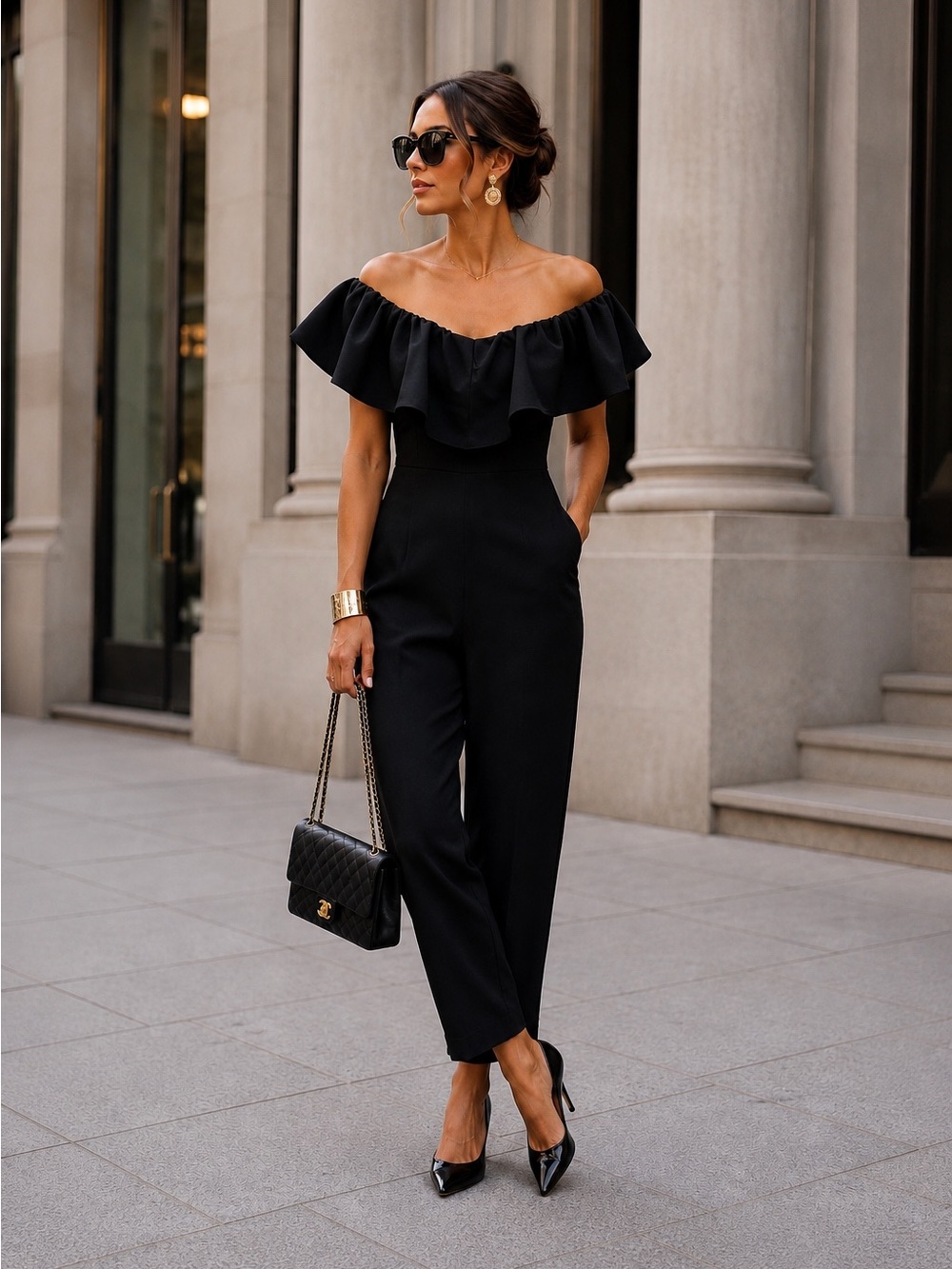 Sam Edelman Women's Black Off-Shoulder Ruffle Jumpsuit 12